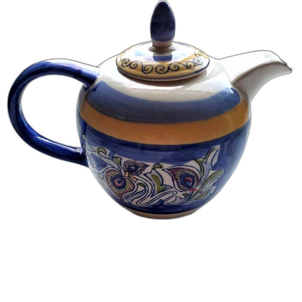 Hand Painted Blue and Yellow Small Ceramic Teapot